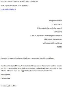 Richiesta di delibera cittadinanza onoraria a Don Alfonso Alfano