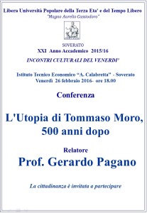 Soverato – Venerdì 26 Febbraio conferenza “L’Utopia di Tommaso Moro, 500 anni dopo”