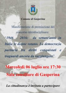 Gasperina – Mercoledì 6 luglio premiazione del concorso “1946 – 2016:  da settant’anni in Italia le donne votano”