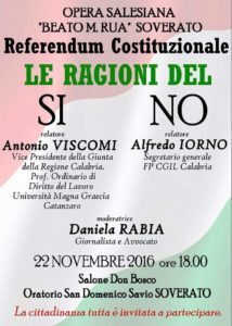 Soverato – L’Opera Salesiana “Beato M. Rua” organizza un incontro pubblico sul Referendum Costituzionale