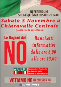 Sabato 5 novembre iniziativa sul referendum dell’ANPI di Soverato a Chiaravalle.