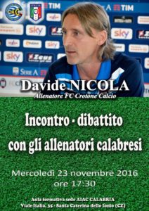 Santa Caterina Ionio – Mercoledì 23 novembre incontro dibattito con l’allenatore del Crotone Davide Nicola
