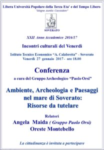Venerdì 27 gennaio conferenza “Ambiente, Archeologia e Paesaggi nel mare di Soverato”