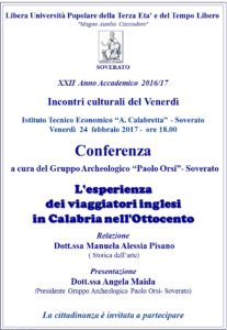Soverato – Venerdì 24 Febbraio la conferenza “L’esperienza dei viaggiatori inglesi in Calabria nell’Ottocento”