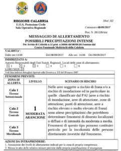 Protezione Civile Calabria: Allerta Meteo possibili precipitazioni intense