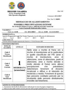 Piogge e temporali – Allerta Meteo “Arancione” della Protezione Civile per la Calabria ionica