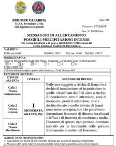 Allerta Meteo Protezione Civile Calabria per possibili precipitazioni intense