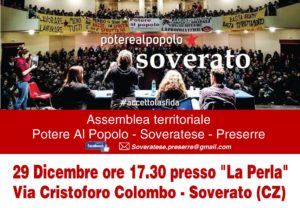 Venerdì 29 dicembre a Soverato la prima assemblea territoriale di “Potere al popolo”