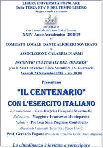 Soverato – Venerdì 23 Novembre presentazione de “Il Centenario” con l’Esercito Italiano