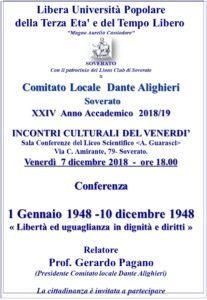 Soverato – Venerdì 07 Dicembre la conferenza “1 Gennaio 1948 – 10 dicembre 1948”