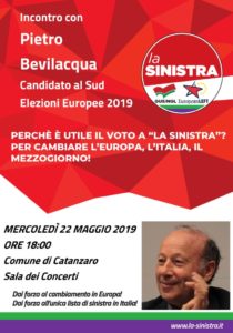 Catanzaro – Mercoledì 15 maggio incontro con Pietro Bevilacqua candidato con la lista “La Sinistra”