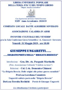 Soverato – Venerdì 31 Maggio la conferenza “Giuseppe Ungaretti … Soldato poeta nella “Brigata Brescia””