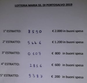 Soverato – Numeri vincenti della lotteria Maria SS di Portosalvo 2019