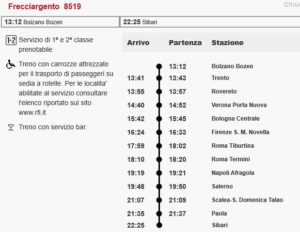 Frecciargento Sibari-Bolzano: online i nuovi orari e le nuove coincidenze