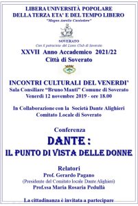 Soverato – Venerdì 12 Novembre la conferenza “Dante: il punto di vista delle donne”