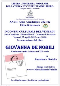 Soverato – Venerdì 22 Aprile la presentazione del libro “Giovanna De Nobili”