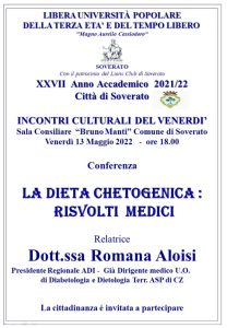 Soverato – Venerdì 13 Maggio la conferenza “La dieta chetogenica: risvolti medici”