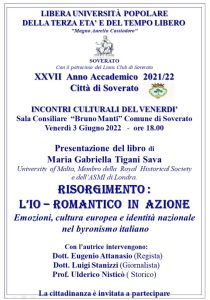 Soverato – Venerdì 03 Giugno la presentazione del libro “Risorgimento: l’Io – romantico in azione”