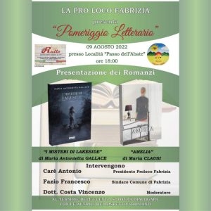 Martedì 9 agosto a Fabrizia la presentazione di 2 libri