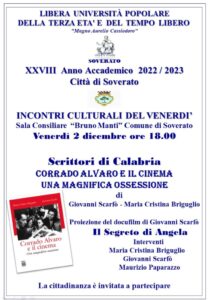 Soverato – Venerdì 02 Dicembre incontro culturale “Corrado Alvaro e il cinema. Una magnifica ossessione”
