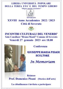 Soverato – Venerdì 27 gennaio la Conferenza “Giuseppe Maria Pisani – Scultore”