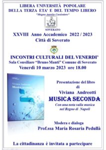 Soverato – Venerdì 10 Marzo la presentazione del libro “Musica seconda”