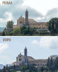Il campanile del convento di Chiaravalle sfregiato dai lavori di ristrutturazione