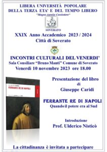 Soverato – Venerdì 11 Novembre la presentazione del libro “Ferrante re di Napoli”
