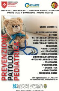 Il 23 dicembre a Catanzaro una Giornata di visite gratuite per la prevenzione delle patologie pediatriche