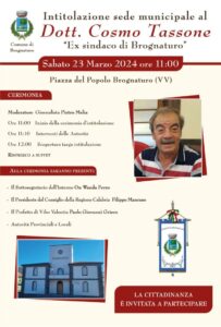 Brognaturo, sabato 23 marzo intitolazione sede municipale al dott. Cosmo Tassone