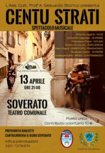 Teatro Soverato, sabato 13 aprile lo spettacolo musicale “Centu Strati”