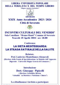 Soverato – Venerdì 19 Aprile la conferenza “La dieta Mediterranea: la strada naturale della salute”
